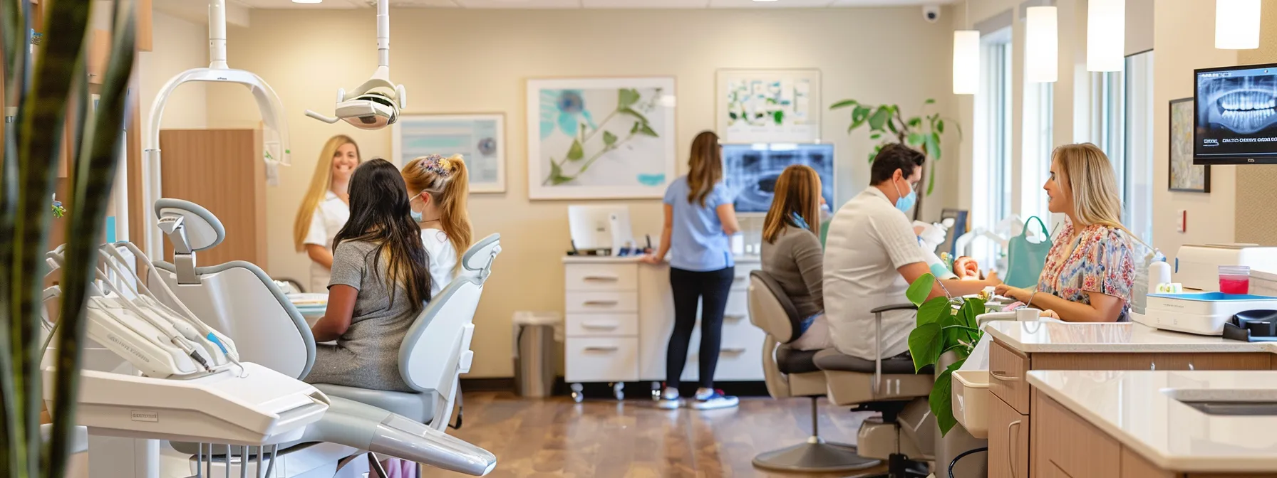 a bright and inviting dental office filled with cheerful patients of various ages engaging with friendly staff, showcasing a welcoming atmosphere for comprehensive dental care.