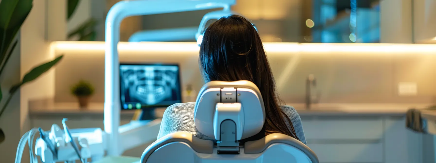 a concerned patient sits in a modern dental chair, illuminated by warm overhead lights, reviewing essential financial options for emergency dental care displayed on a sleek digital tablet in a welcoming dental office in dallas.