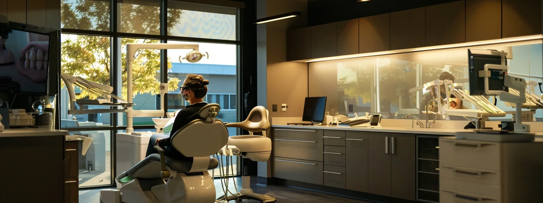 a concerned patient sits in a modern dental emergency room, illuminated by soft, warm lighting, while a compassionate dentist peeks through the treatment area, conveying a sense of prompt care and reassurance in a moment of urgency.