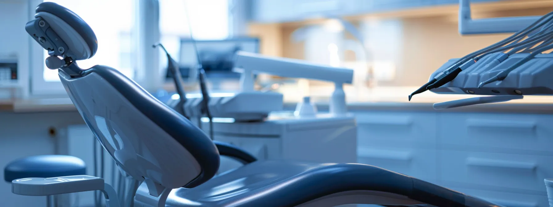 a detailed close-up of a dental clinic's emergency care room, featuring a bright light illuminating a pristine examination chair with an open dental kit, symbolizing urgent care for critical oral health issues in dallas.