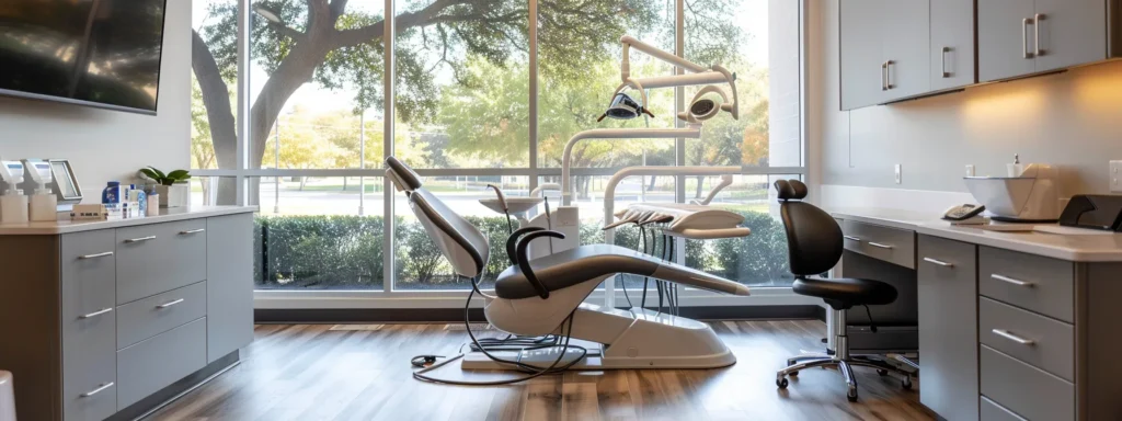 a modern dental clinic in dallas, illuminated by warm natural light streaming through large windows, showcasing a sleek treatment area with a high-tech dental chair and soothing, minimalist decor.