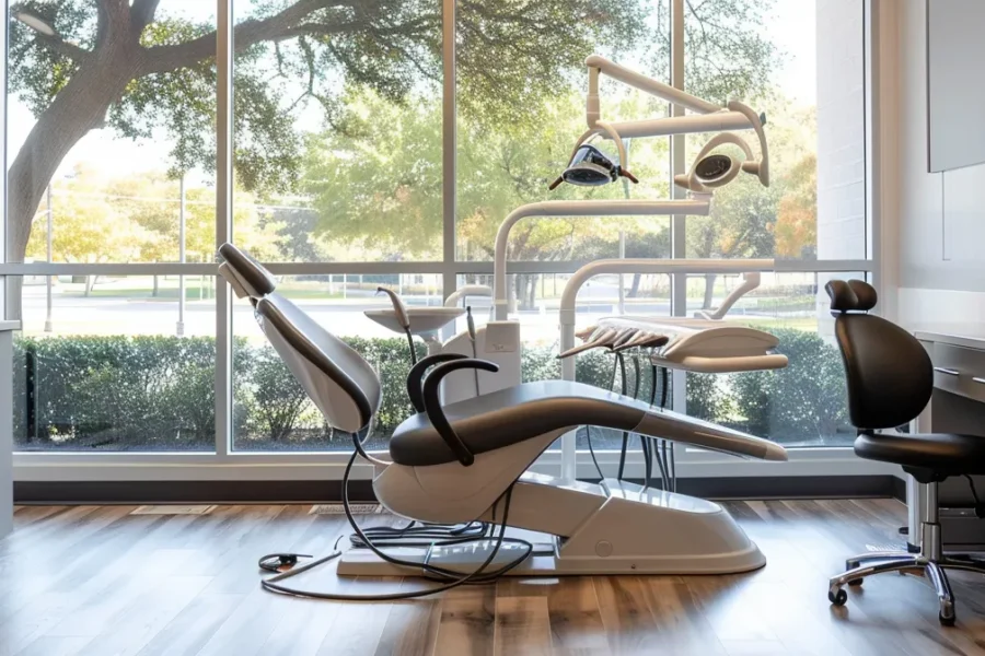 a modern dental clinic in dallas, illuminated by warm natural light streaming through large windows, showcasing a sleek treatment area with a high-tech dental chair and soothing, minimalist decor.