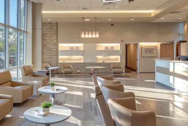 a radiant, modern dental clinic bustling with activity, showcasing a bright reception area, sleek furniture, and an inviting atmosphere that emphasizes the urgency and care of emergency dental services in dallas.