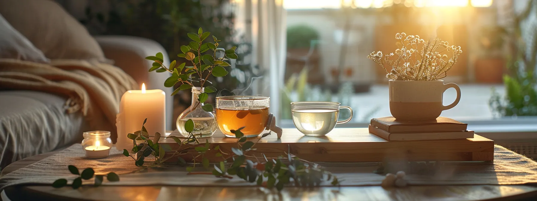 a serene and inviting home setting shows a person thoughtfully sipping herbal tea, surrounded by soothing candles and natural remedies, symbolizing comfort and relief in managing dental pain before seeking professional care.