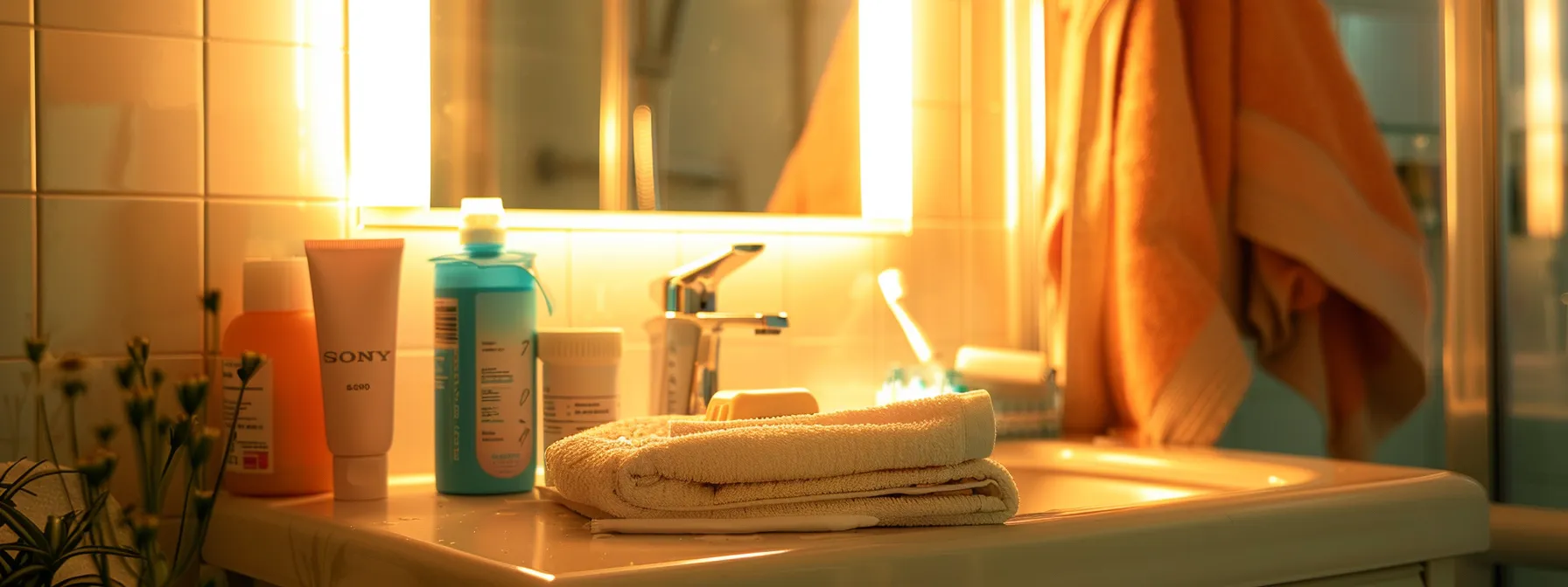 a serene bathroom setting bathed in soft, warm light, showcasing an emergency dental care kit artfully arranged beside a mirror, emphasizing essential items like gauze and pain relief solutions against a backdrop of calming colors.