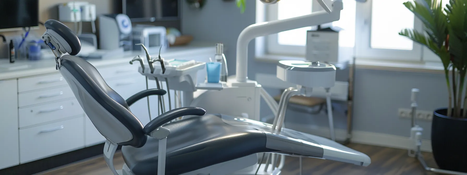 a vibrant close-up of a dentist's office, featuring a gleaming dental chair and essential tools, illuminated by soft, welcoming lighting to evoke a sense of reassurance and professionalism.