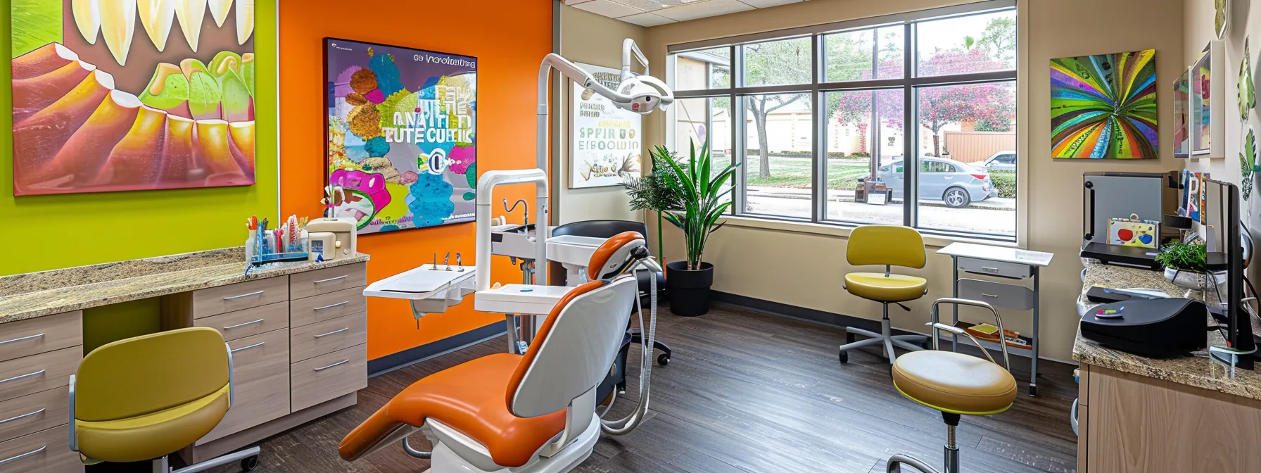 a vibrant scene of a friendly dentist office in dallas, tx, showcasing a warm and welcoming atmosphere with colorful decor, plants, and engaging dental posters, inviting patients to access quality care while emphasizing affordability.