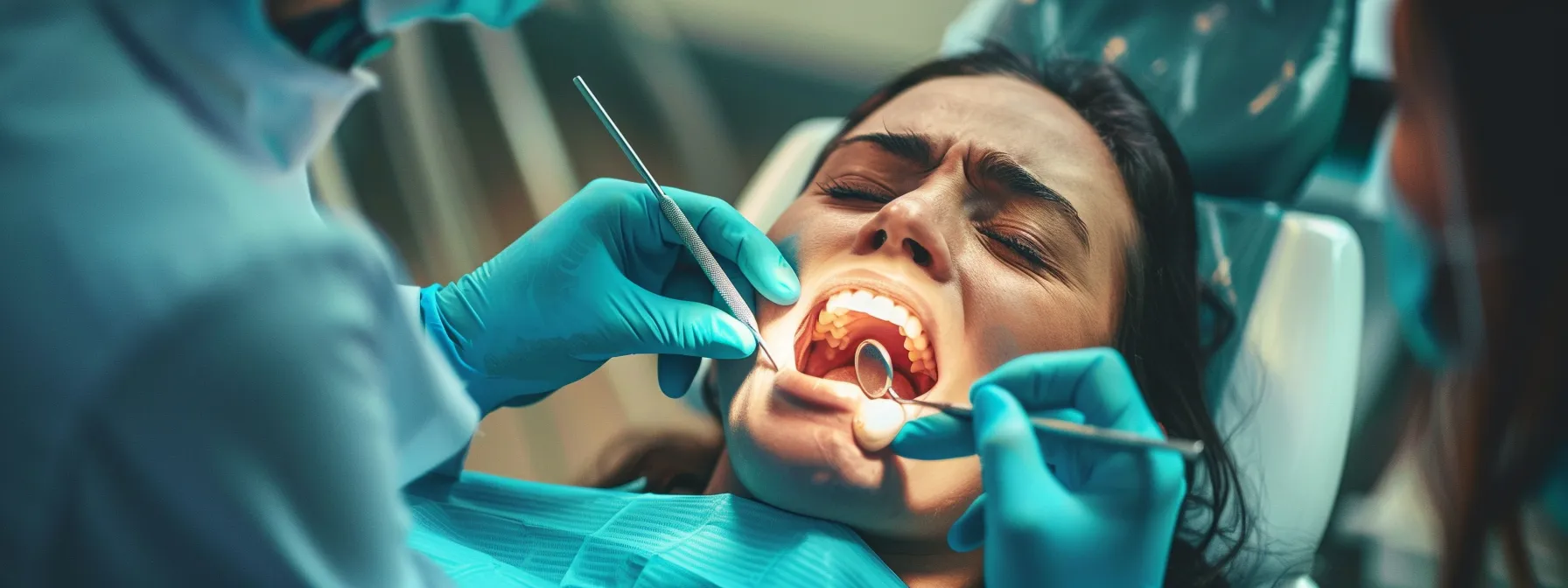 a vivid close-up of a distressed individual in a dental chair, bathed in soft, focused lighting that highlights the urgency of a dental emergency, conveying the need for immediate care amid a backdrop of essential dental tools.