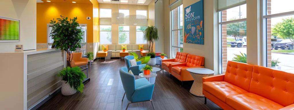 a welcoming dental clinic in dallas, tx, with a bright, modern waiting area filled with cheerful colors and comfortable seating, inviting patients to experience affordable dental care.