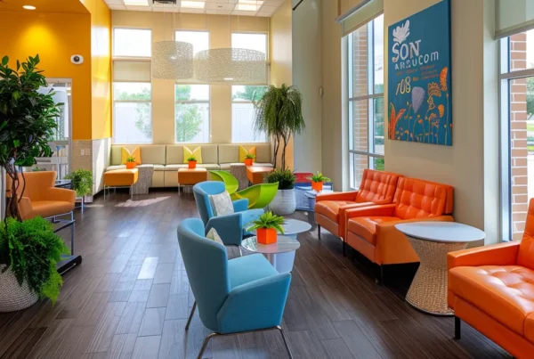 a welcoming dental clinic in dallas, tx, with a bright, modern waiting area filled with cheerful colors and comfortable seating, inviting patients to experience affordable dental care.