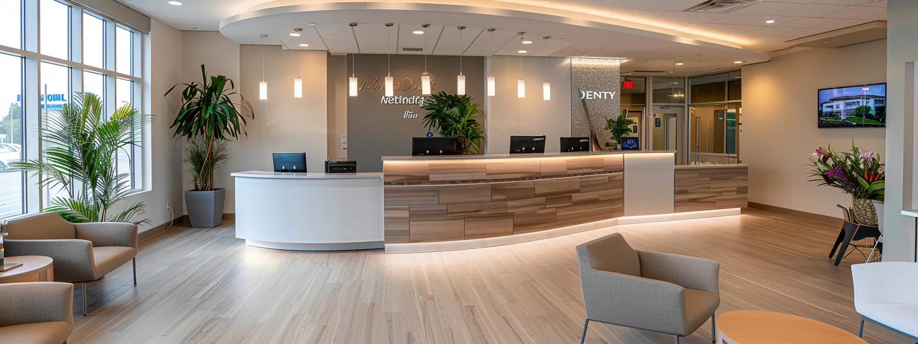 a welcoming dental clinic reception with a warm ambiance, featuring clear signage for financing options and insurance coverage, inviting patients to explore accessible dental care solutions.