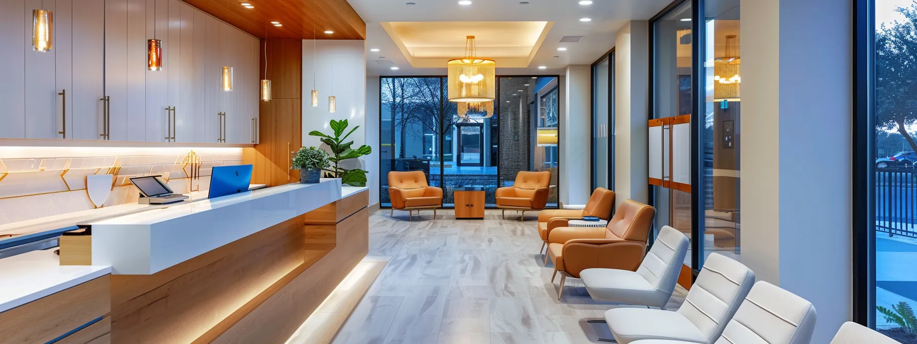 a welcoming dental office in dallas, tx, featuring a modern, clean design with comfortable seating and warm lighting, representing accessible and high-quality dental care for all patients.