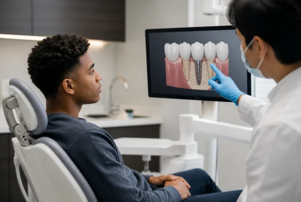 Dentist explaining dental implant options to a patient using a digital screen at a Dallas TX dental office